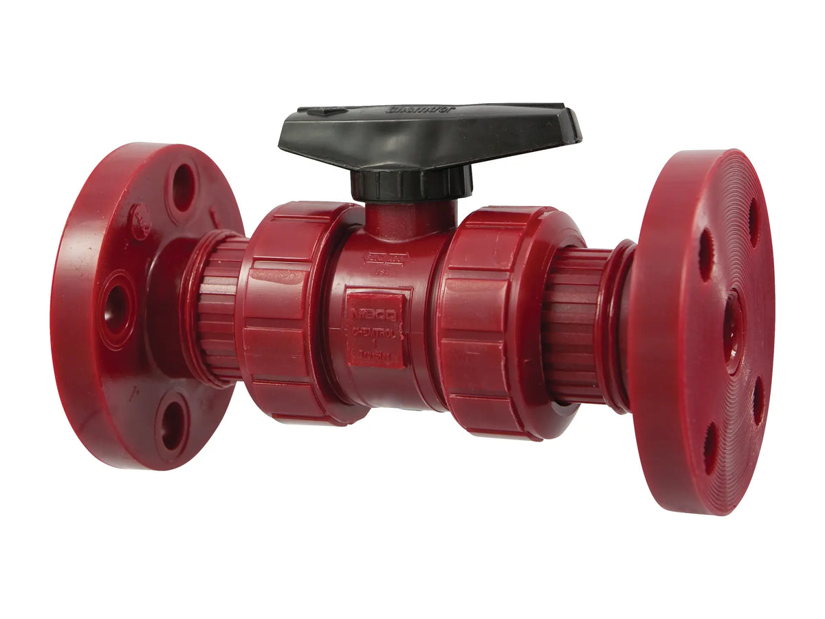 NIBCO MD916AC, 1-1/2in. Ball Valve Model C, Flanged, Tru-Bloc True Union, Kynar Red PVDF Sch 80