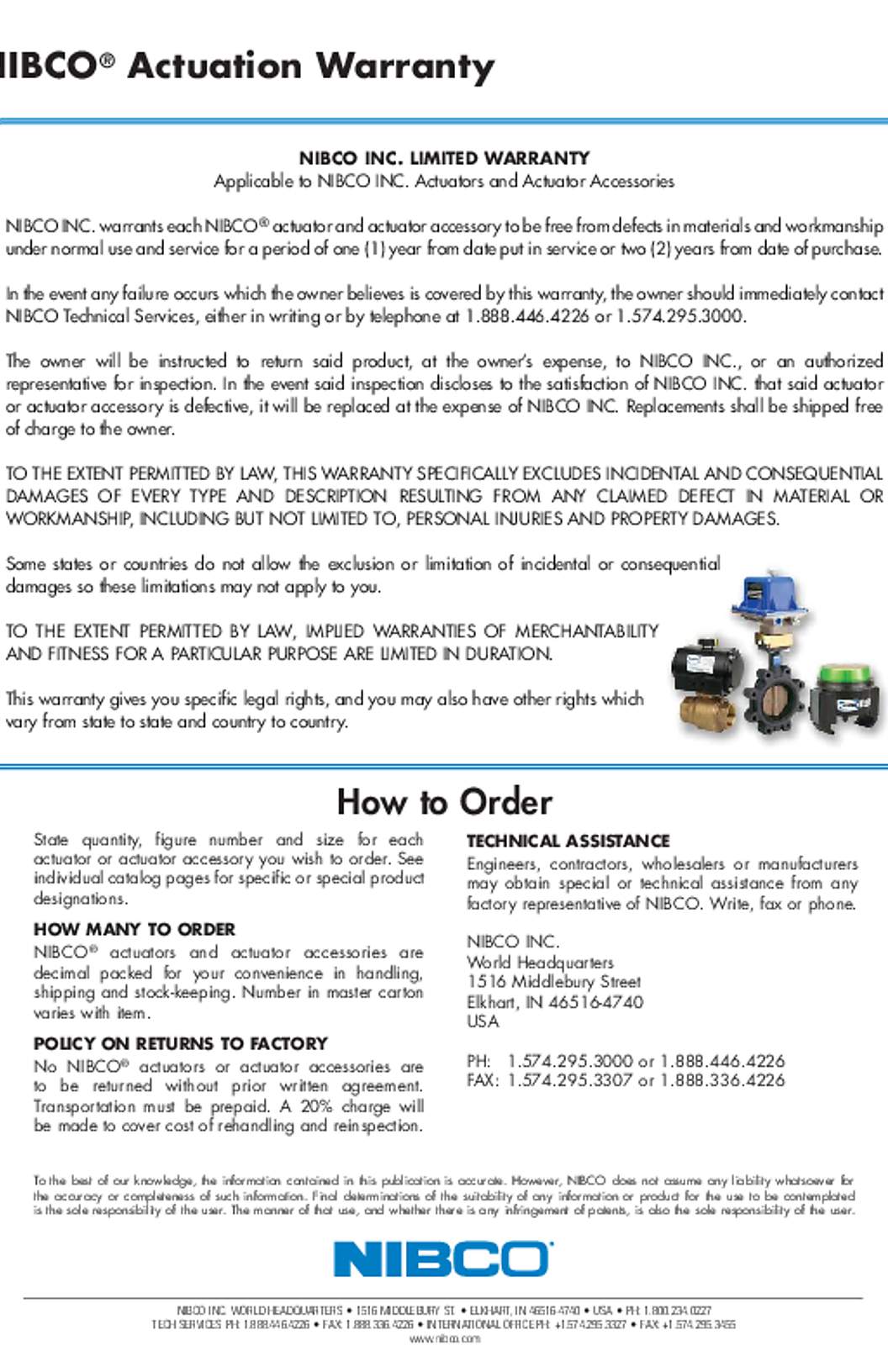 NIBCO Actuation Warranty