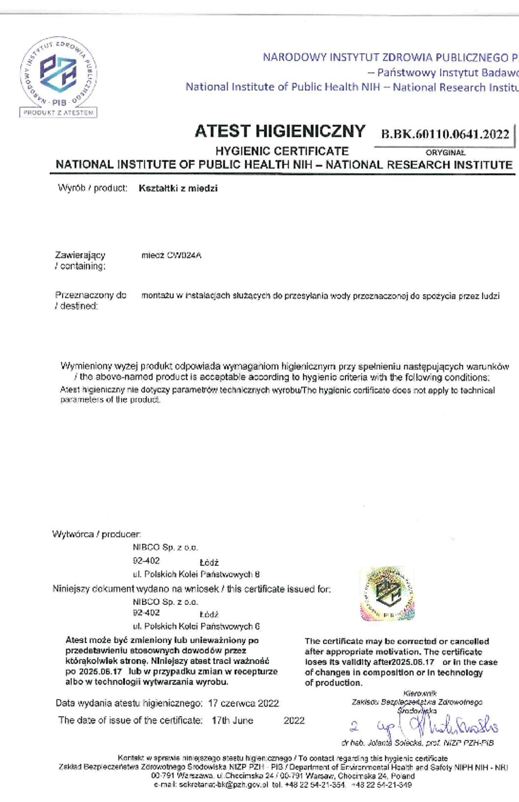 NIBCO Atest Higieniczny Miedź