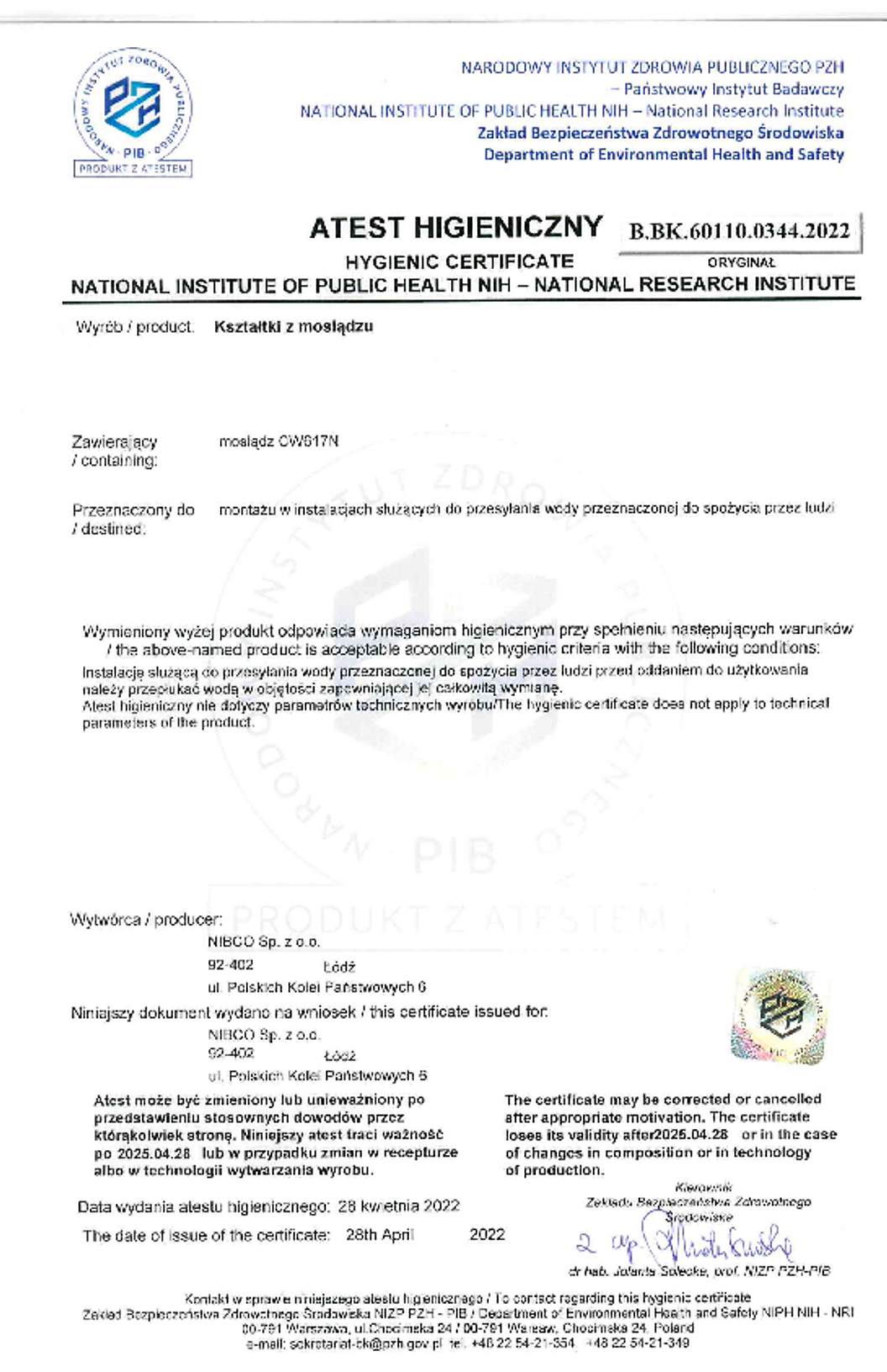 NIBCO Atest Higieniczny Mosiądz 2022