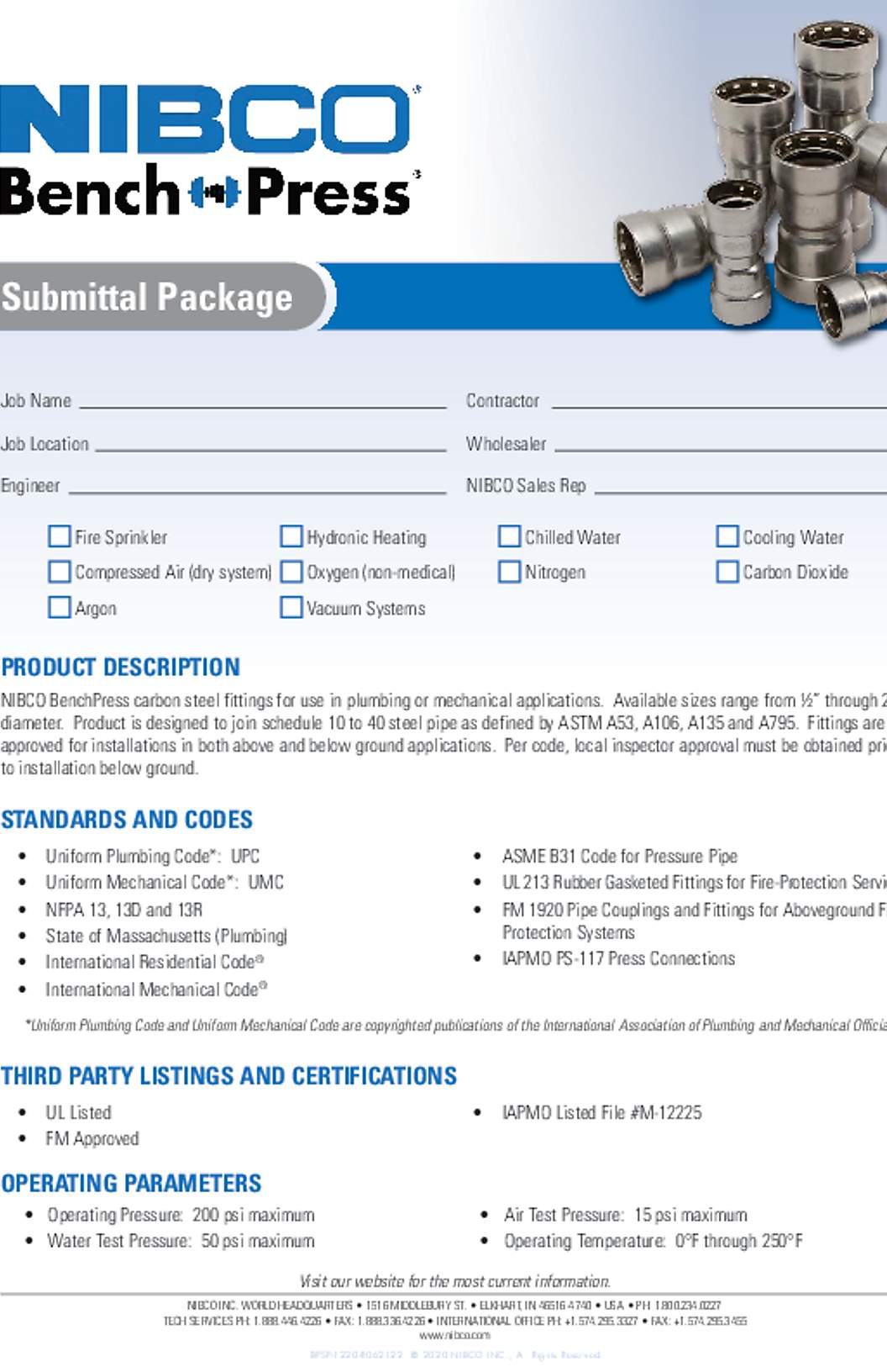 NIBCO BenchPress™ Submittal Package