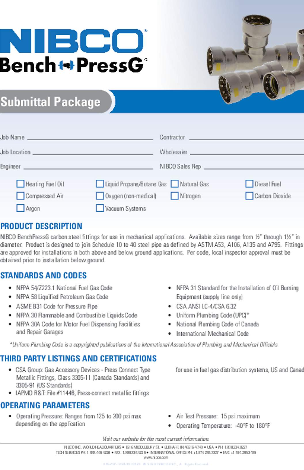 NIBCO BenchPressG™ Submittal Package