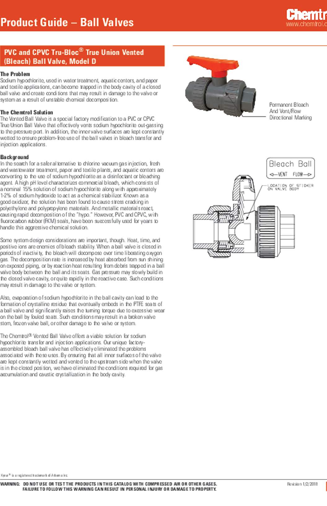 NIBCO Chemtrol PVC and CPVC Tru-Bloc True Union Vented (Bleach) Ball Valve, Model D Submittal