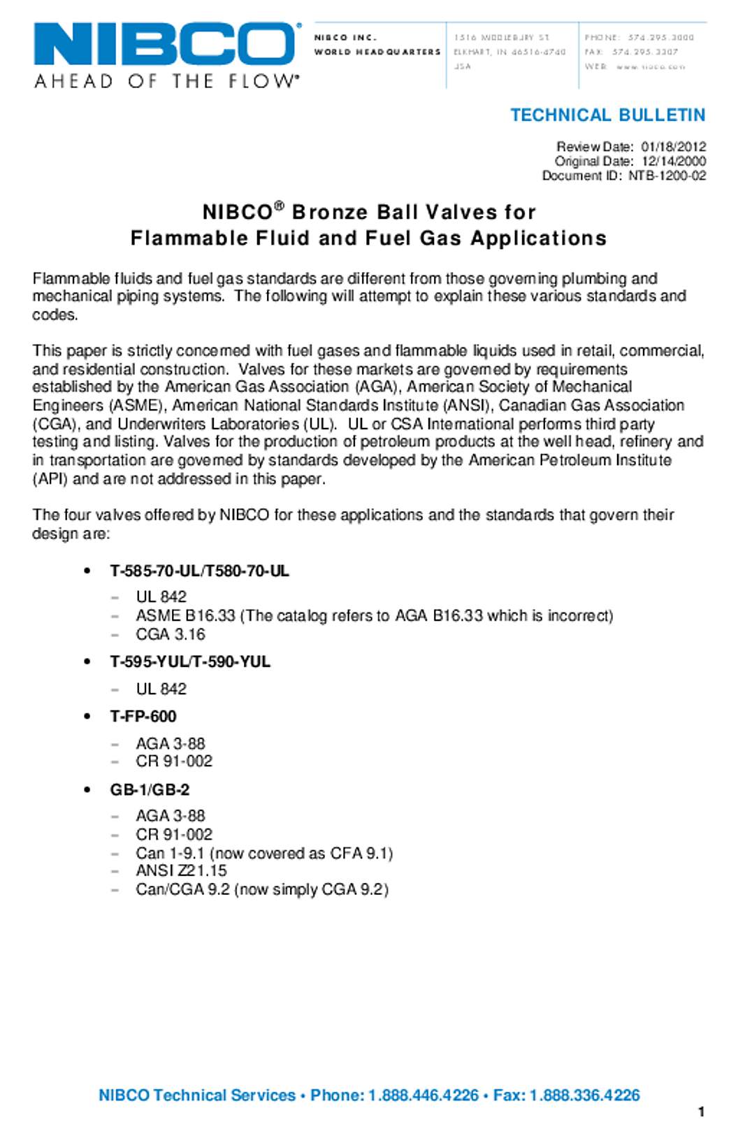 NIBCO Bronze Ball Valves Flammable Fluid Fuel Gas Applications Technical Bulletin