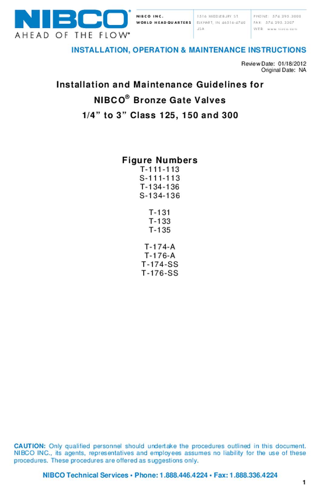 NIBCO Bronze Gate Valves IOM Manual