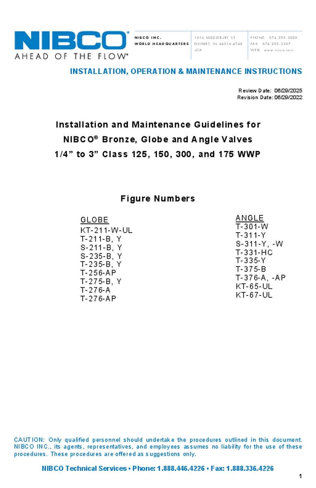 NIBCO Bronze Globe And Angle Valves IOM Manual