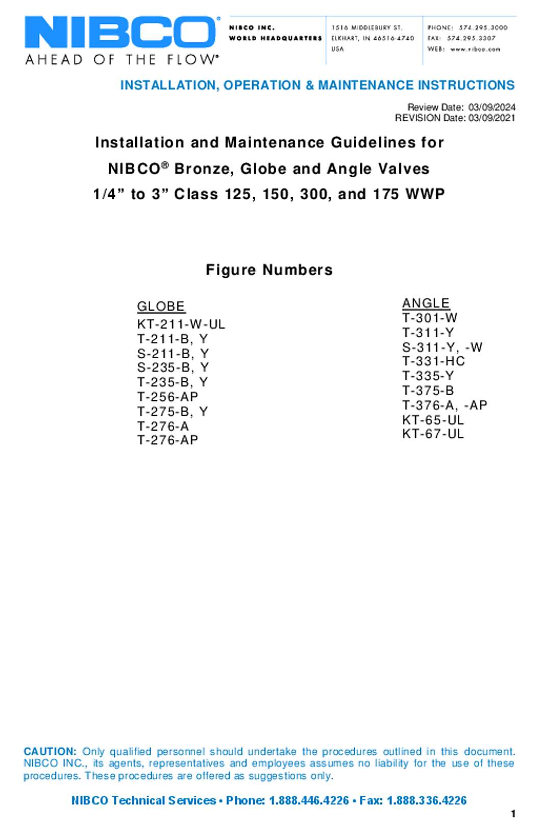 NIBCO Bronze Globe & Angle Valves Operation Manual