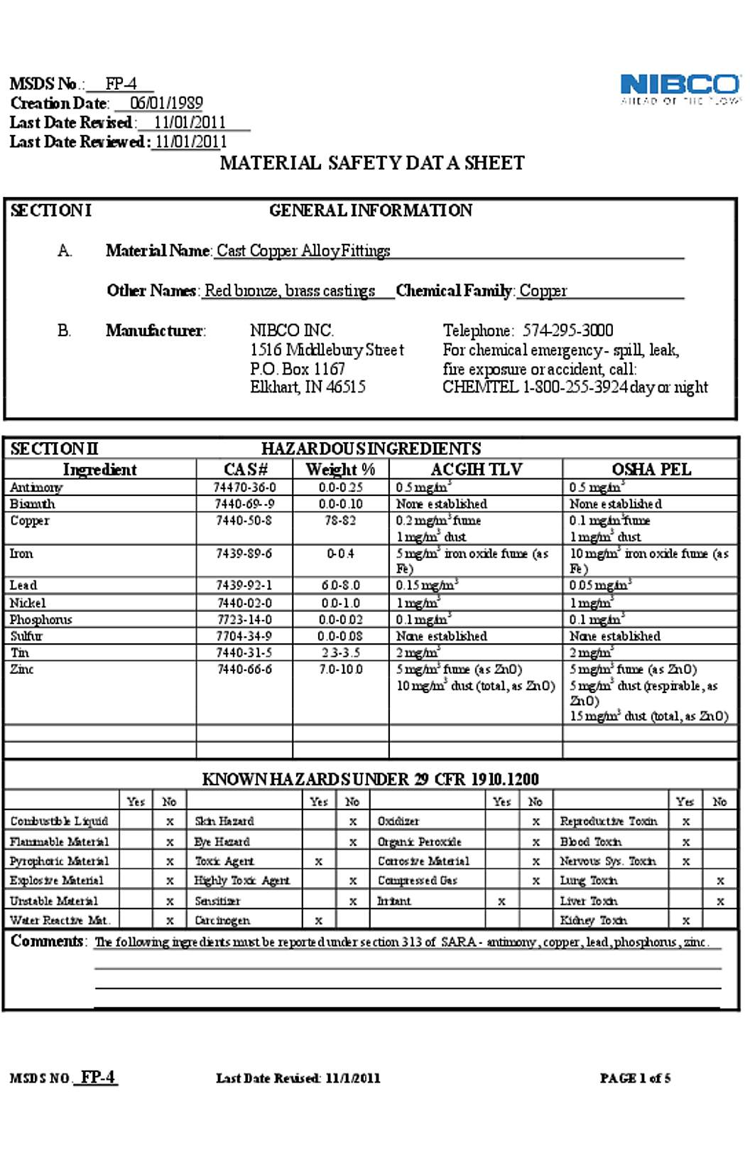 NIBCO Cast Copper Alloy Fittings MSDS