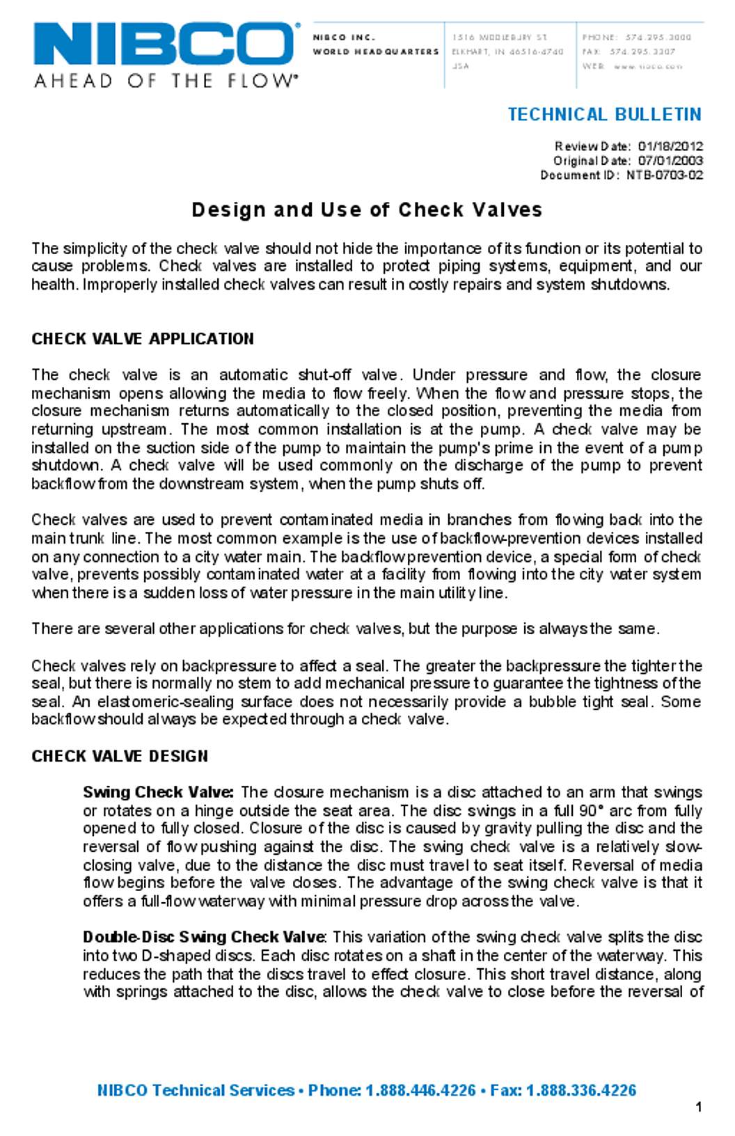 NIBCO Check Valve Design Use Technical Bulletin