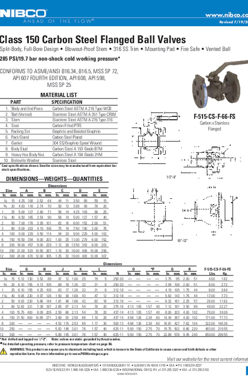 NIBCO F-515-CS-F-66-FS Class 150 Carbon Steel Flanged Ball Valves Submittal