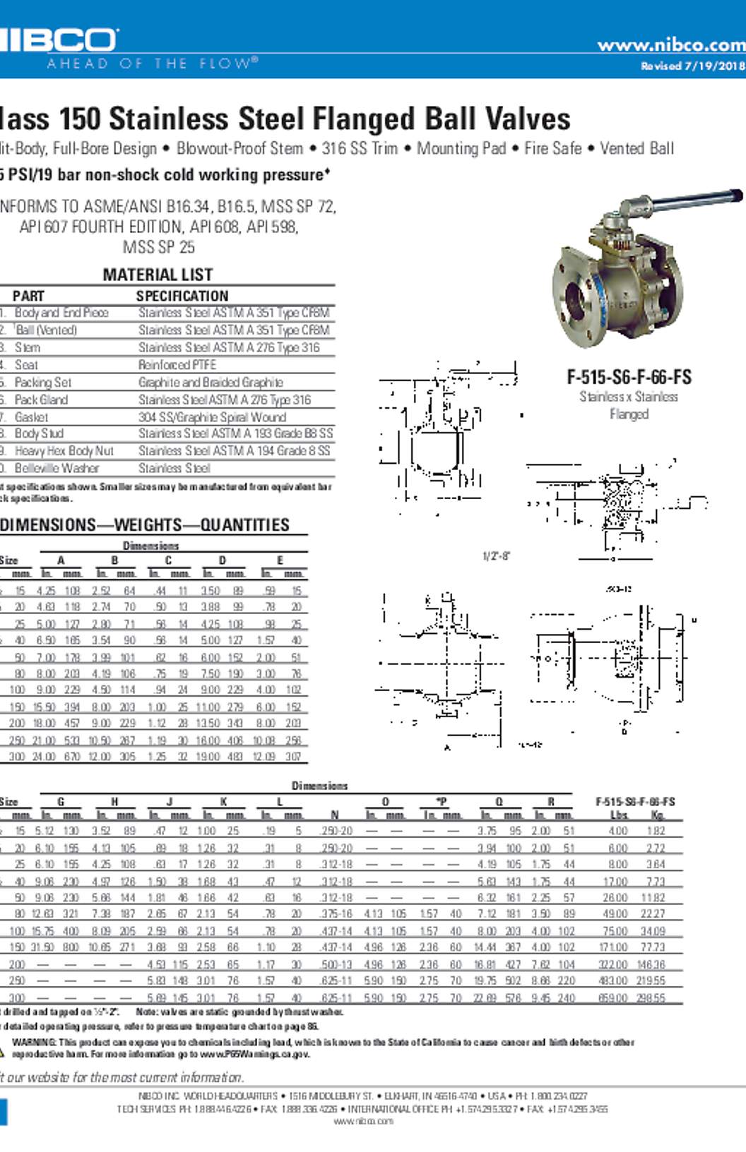 NIBCO F-515-S6-F-66-FS Class 150 Stainless Steel Flanged Ball Valves Submittal