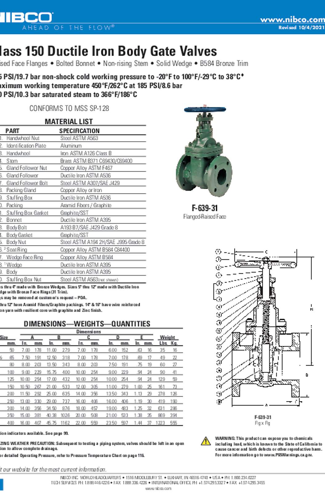 NIBCO F-639-31 Class 150 Ductile Iron Body Gate Valves Submittal