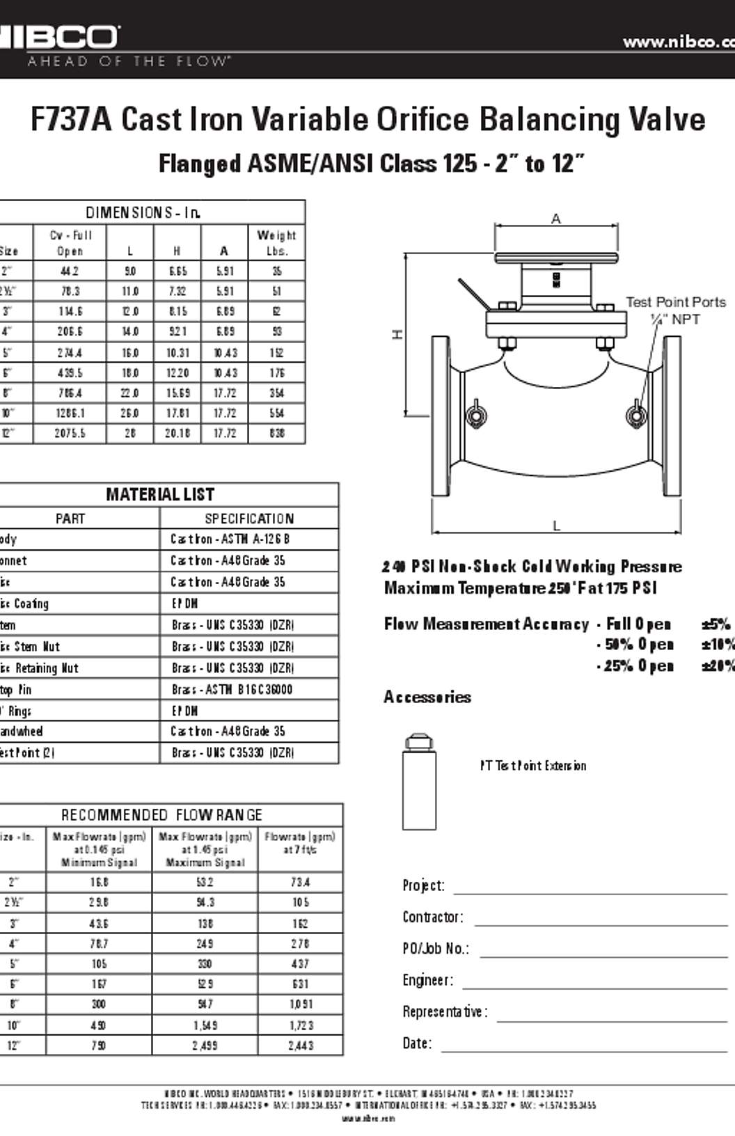 NIBCO F737A Cast Iron Variable Orifice Balancing Valve Submittal