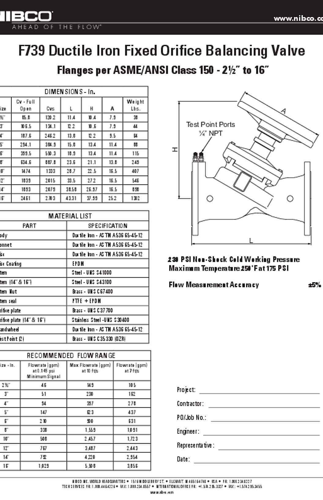 NIBCO F739 Ductile Iron Fixed Orifice Balancing Valve Submittal