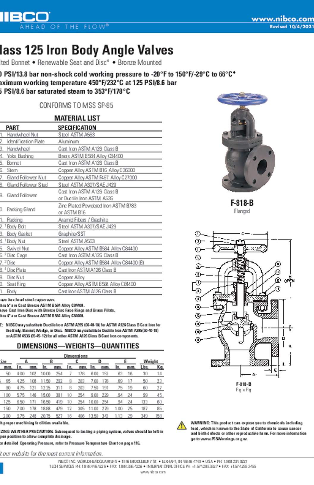 NIBCO F-818-B Class 125 Iron Body Angle Valves Submittal