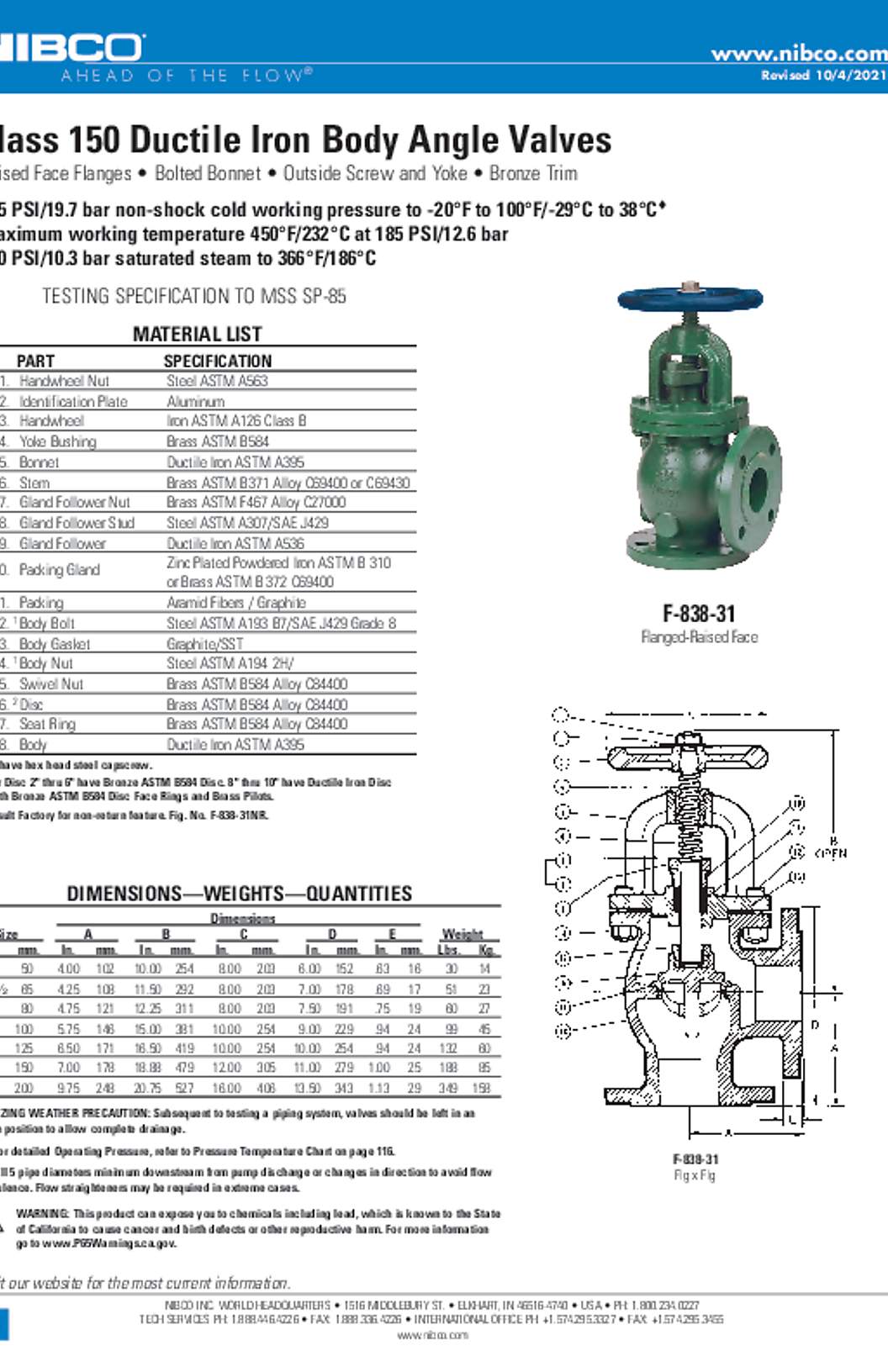 NIBCO F-838-31 Class 150 Ductile Iron Body Angle Valves Submittal