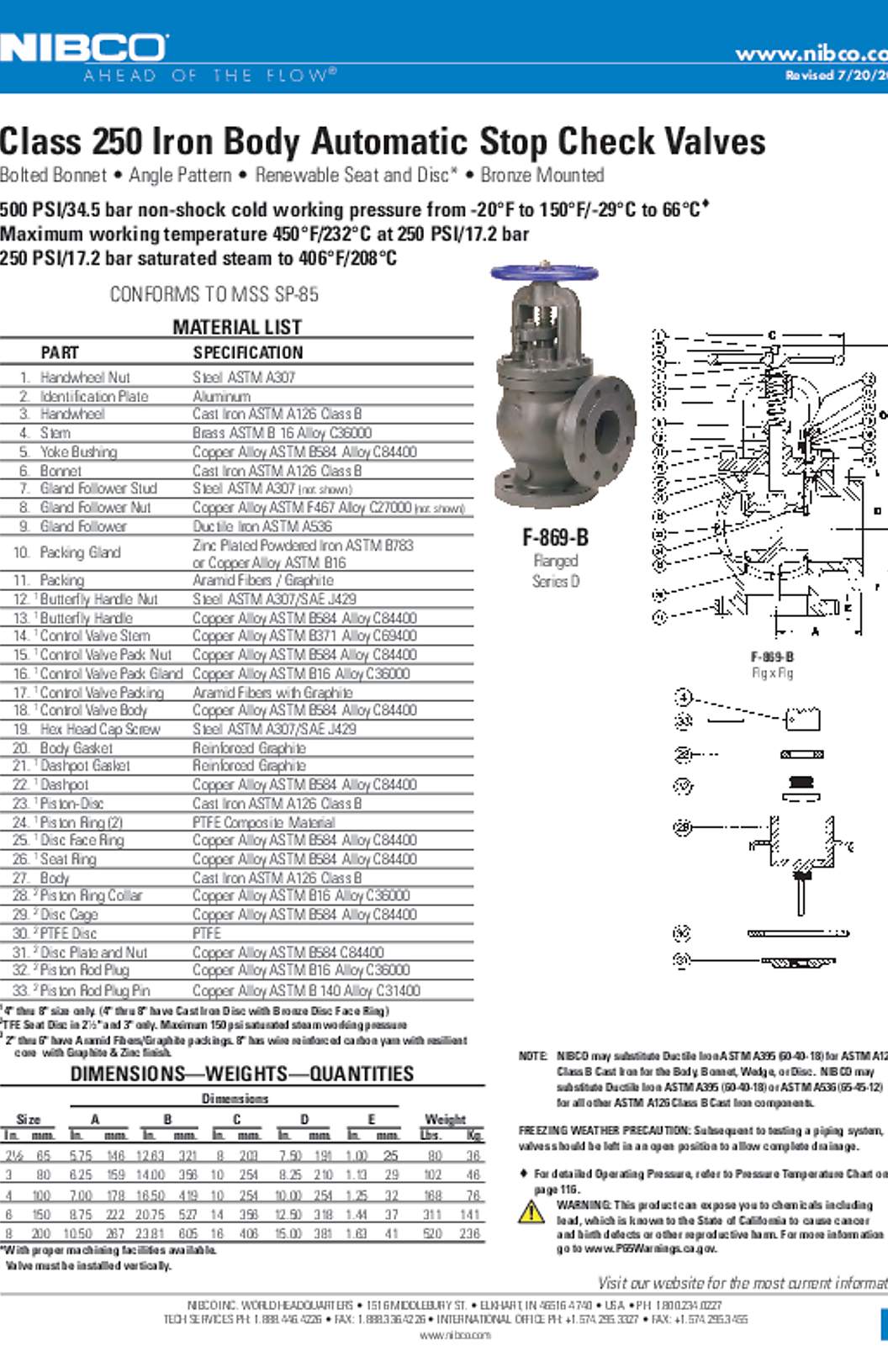 NIBCO F-869-B Class 250 Iron Body Automatic Stop Check Valves Submittal