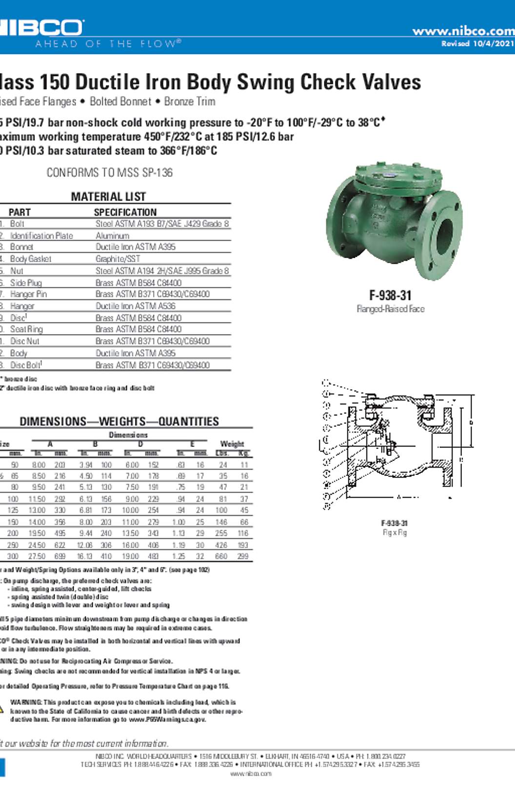 NIBCO F-938-31 Class 150 Ductile Iron Body Swing Check Valves Submittal