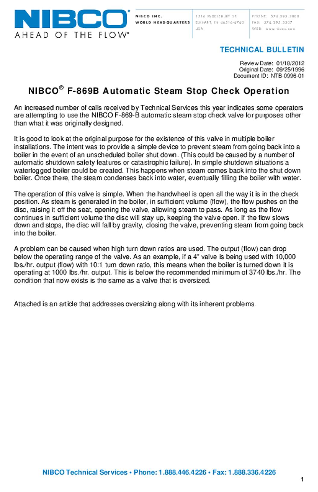 NIBCO Figure F869b Automatic Steam Stop Check Valve Operation Technical Bulletin