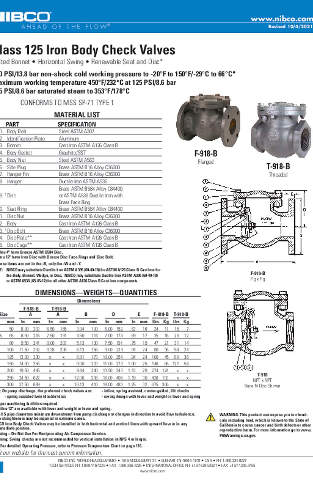 NIBCO F-918-B & T-918-B Class 125 Iron Body Check Valves Submittal