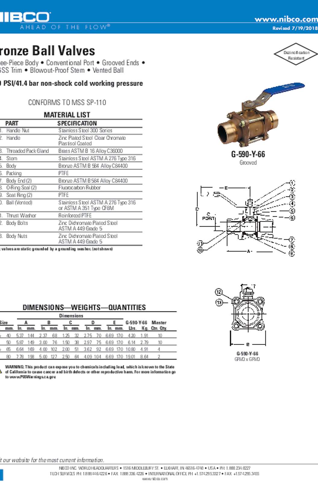 NIBCO G-590-Y-66 Bronze Ball Valves Submittal