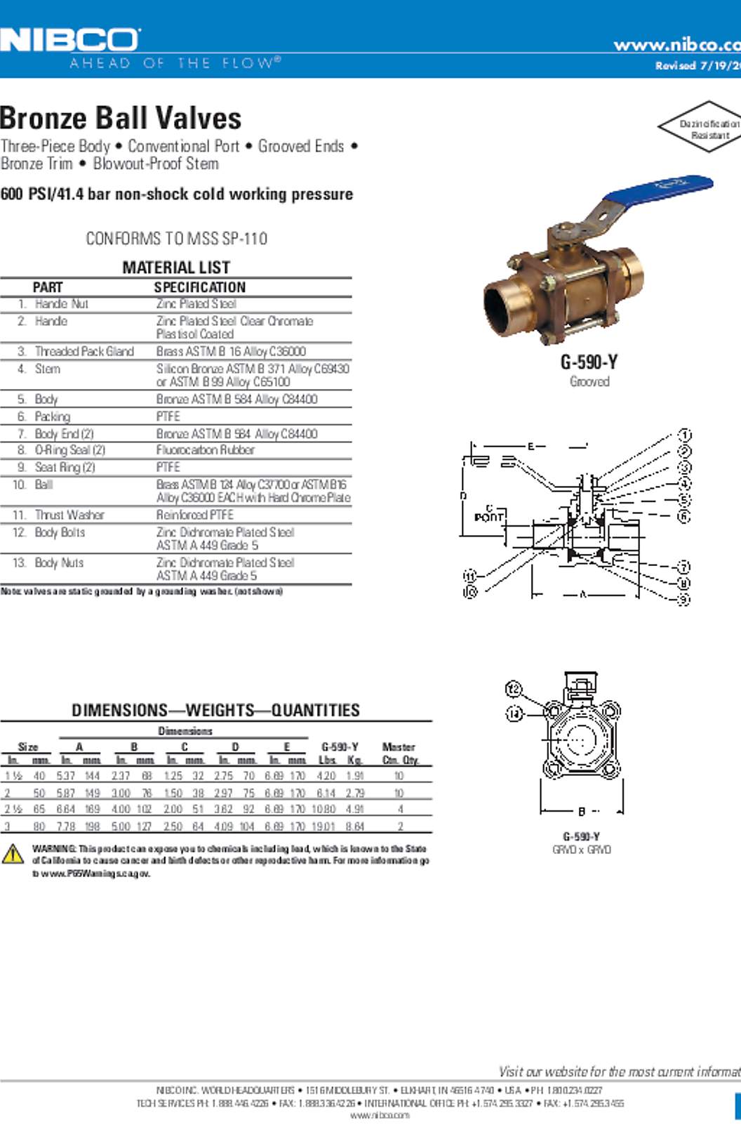 NIBCO G-590-Y Bronze Ball Valves Submittal