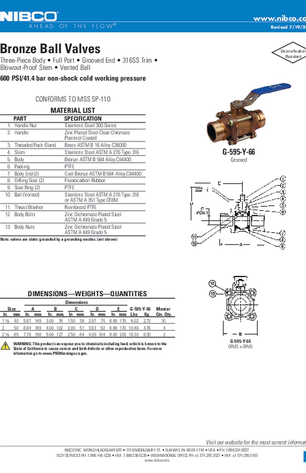 NIBCO G-595-Y-66 Bronze Ball Valves Submittal