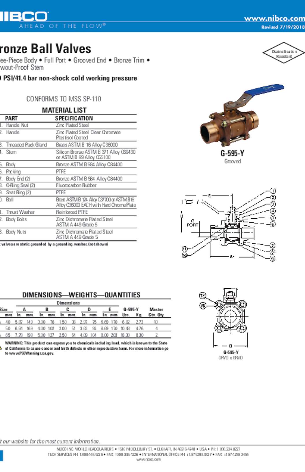 NIBCO G-595-Y Bronze Ball Valves Submittal