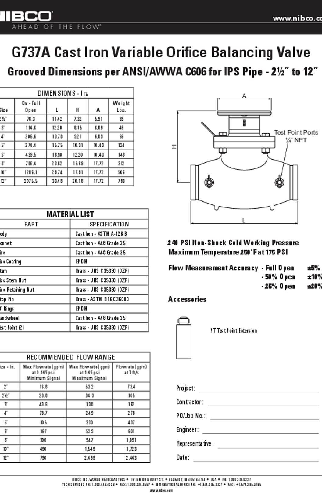 NIBCO G737A Cast Iron Variable Orifice Balancing Valve Submittal