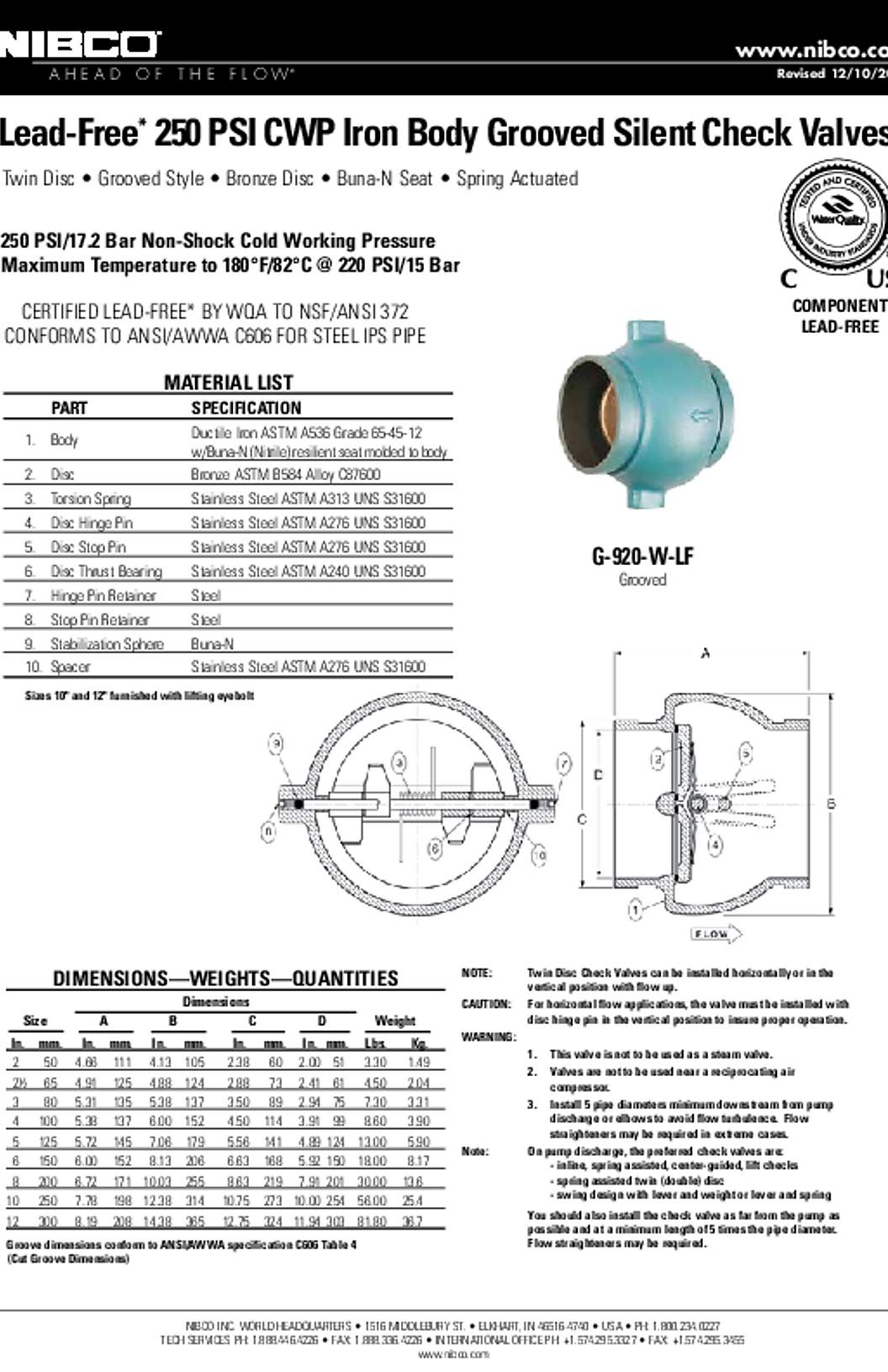 NIBCO G-920-W-LF Lead-free 250 PSI cWP Iron Body Grooved Silent check Valves Submittal