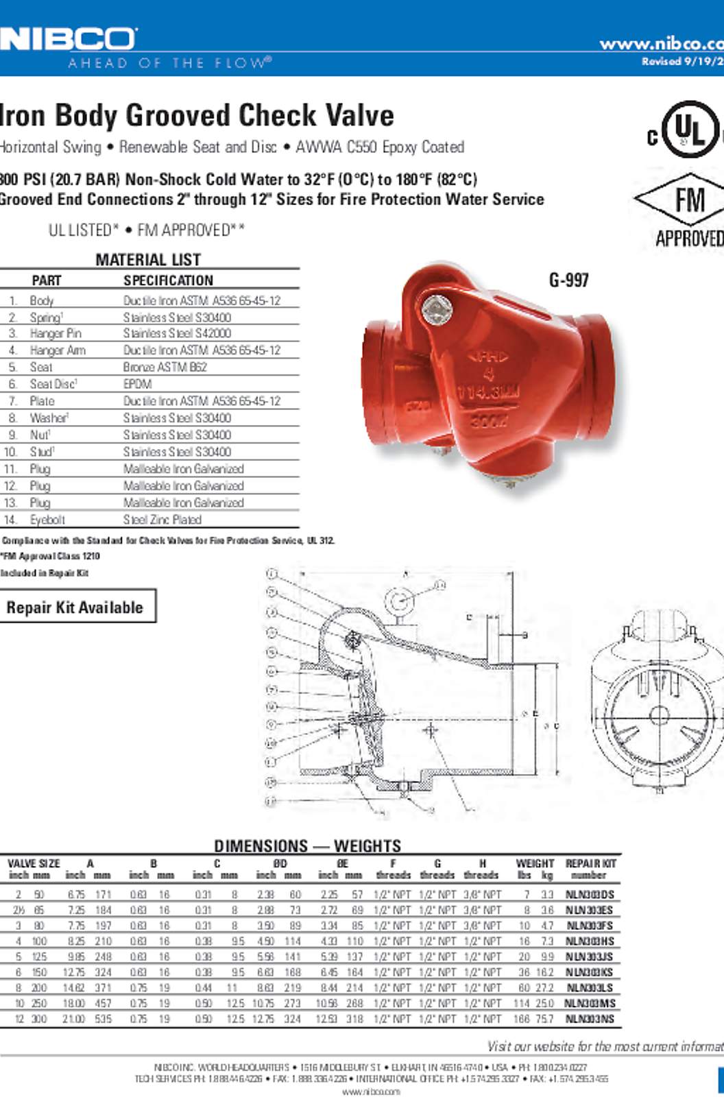 NIBCO G-997 Iron Body Grooved Check Valve Submittal