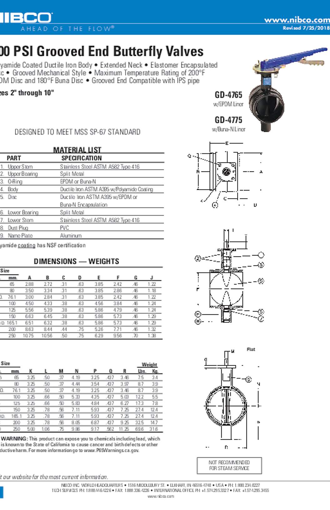 NIBCO GD-4765 & GD-4775 300 PSI Grooved End Butterfly Valves Submittal