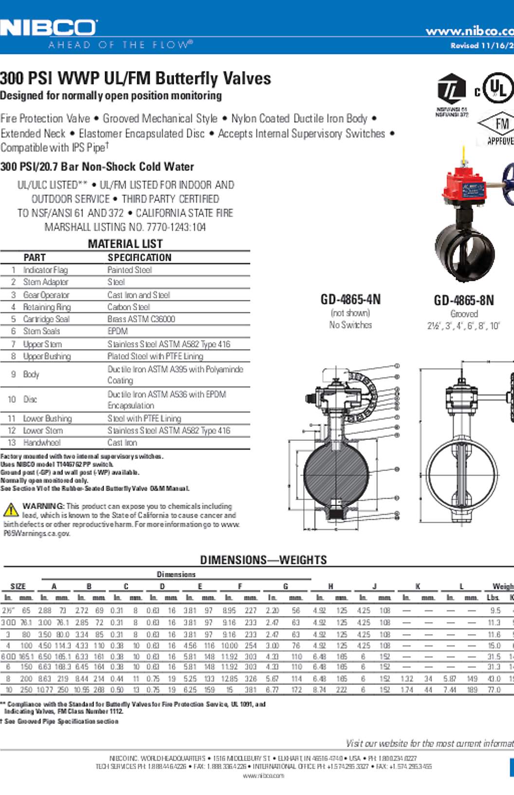 NIBCO GD-4865-4N & GD-4865-8N 300 PSI WWP UL/FM Butterfly Valves Submittal