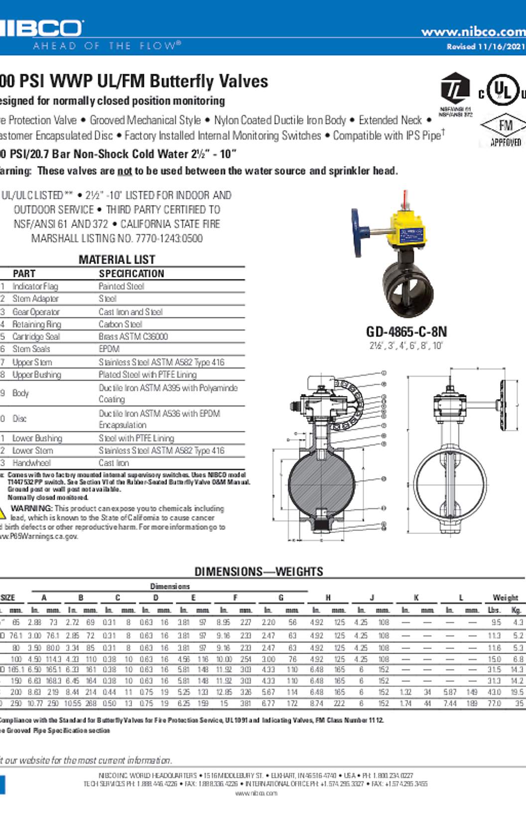 NIBCO GD-4865-C-8N 300 PSI WWP UL/FM Butterfly Valves Submittal