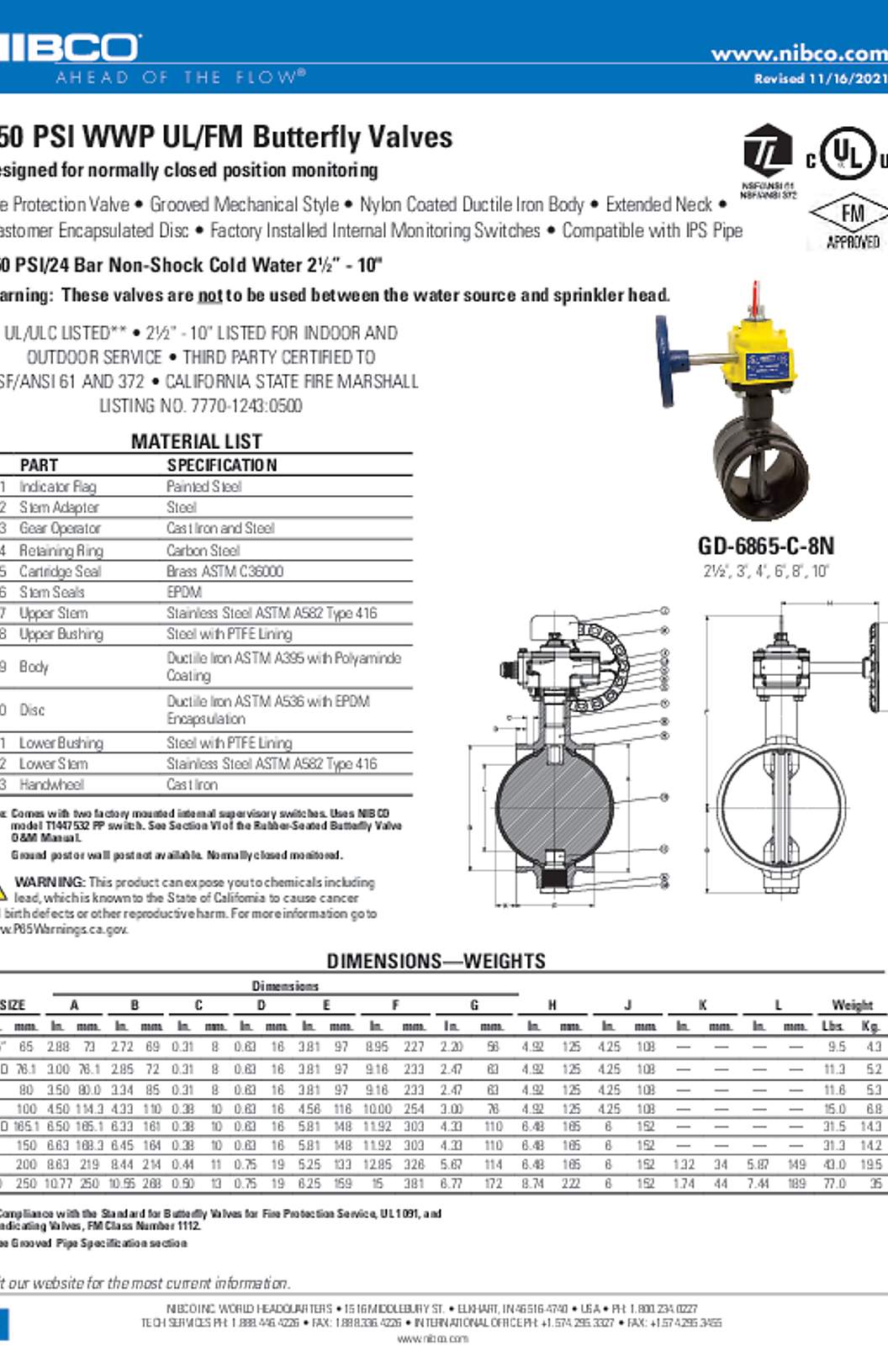 NIBCO GD-6865-C-8N 350 PSI WWP UL/FM Butterfly Valves Submittal
