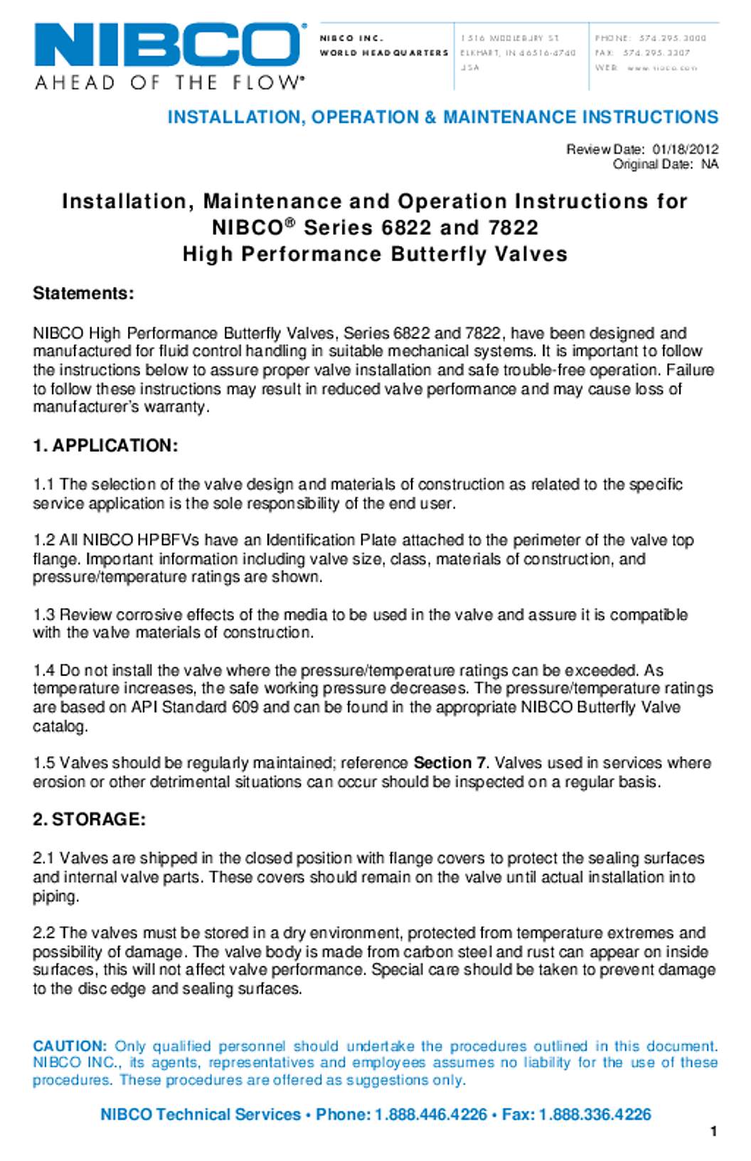 NIBCO High Performance Butterfly Valve Installation Instructions IOM Manual
