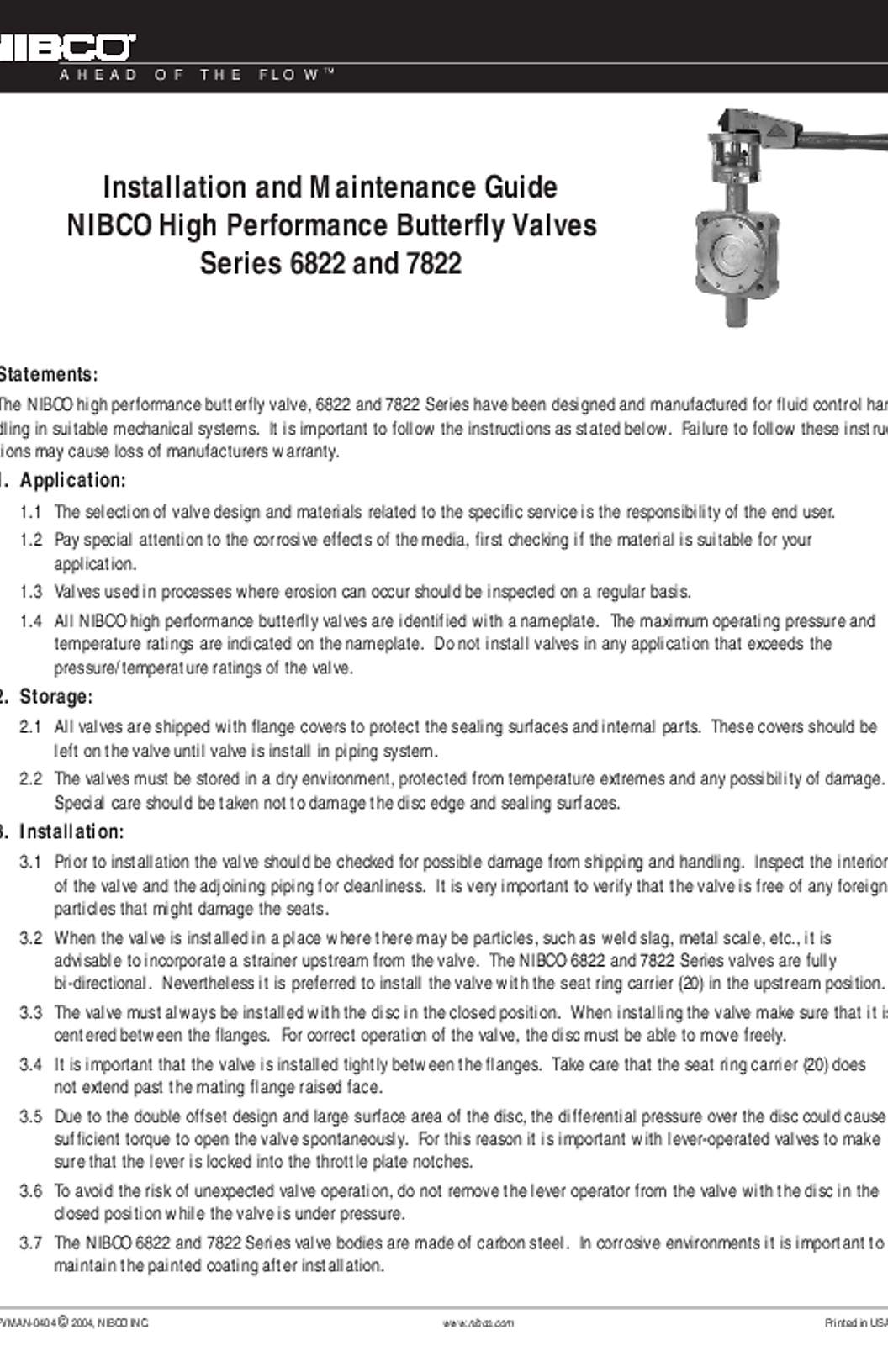 NIBCO High Performance Butterfly Valves Series 6822 & 7822 Installation & Maintenance Guide