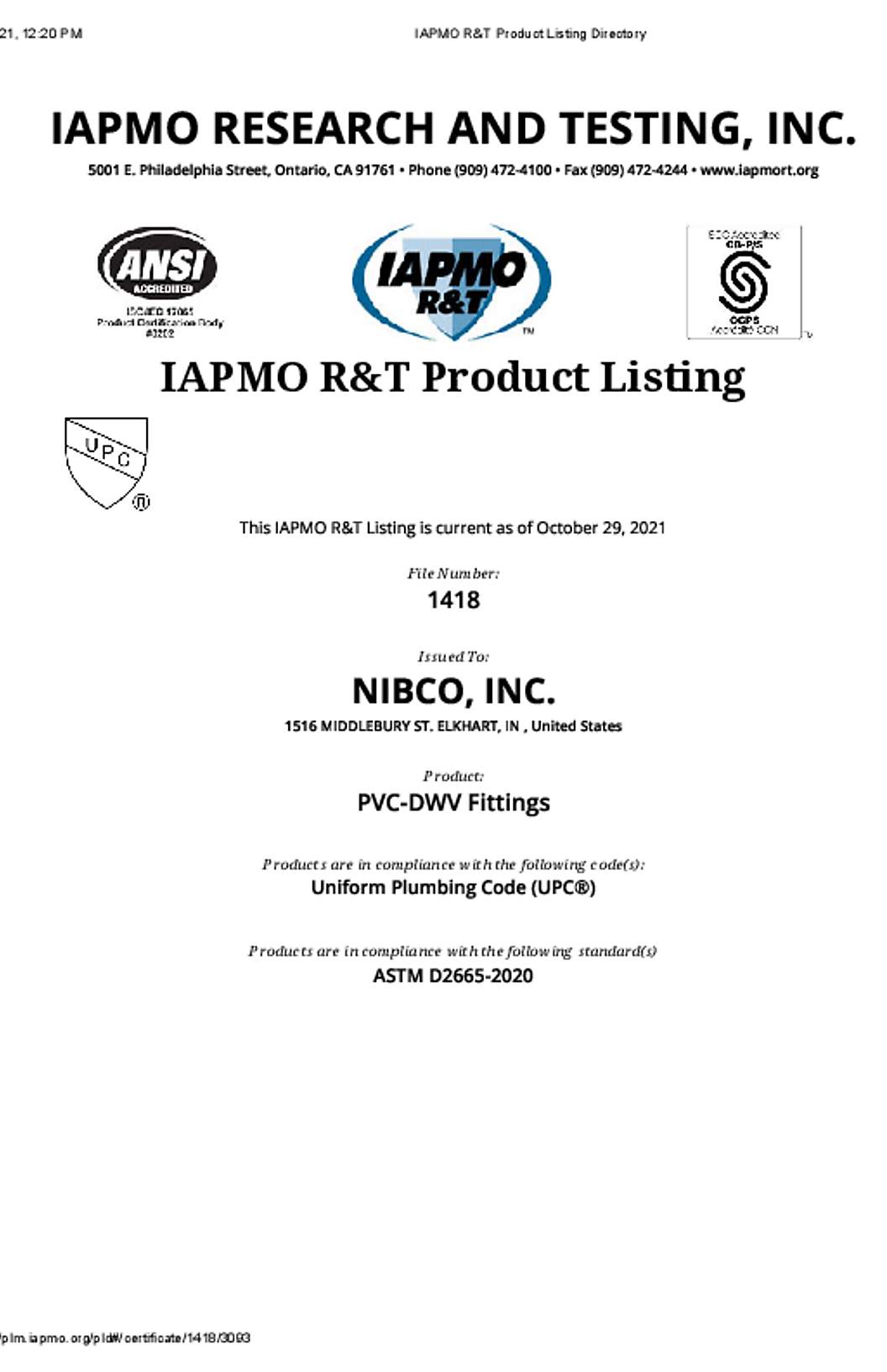 NIBCO IAPMO File 1418
