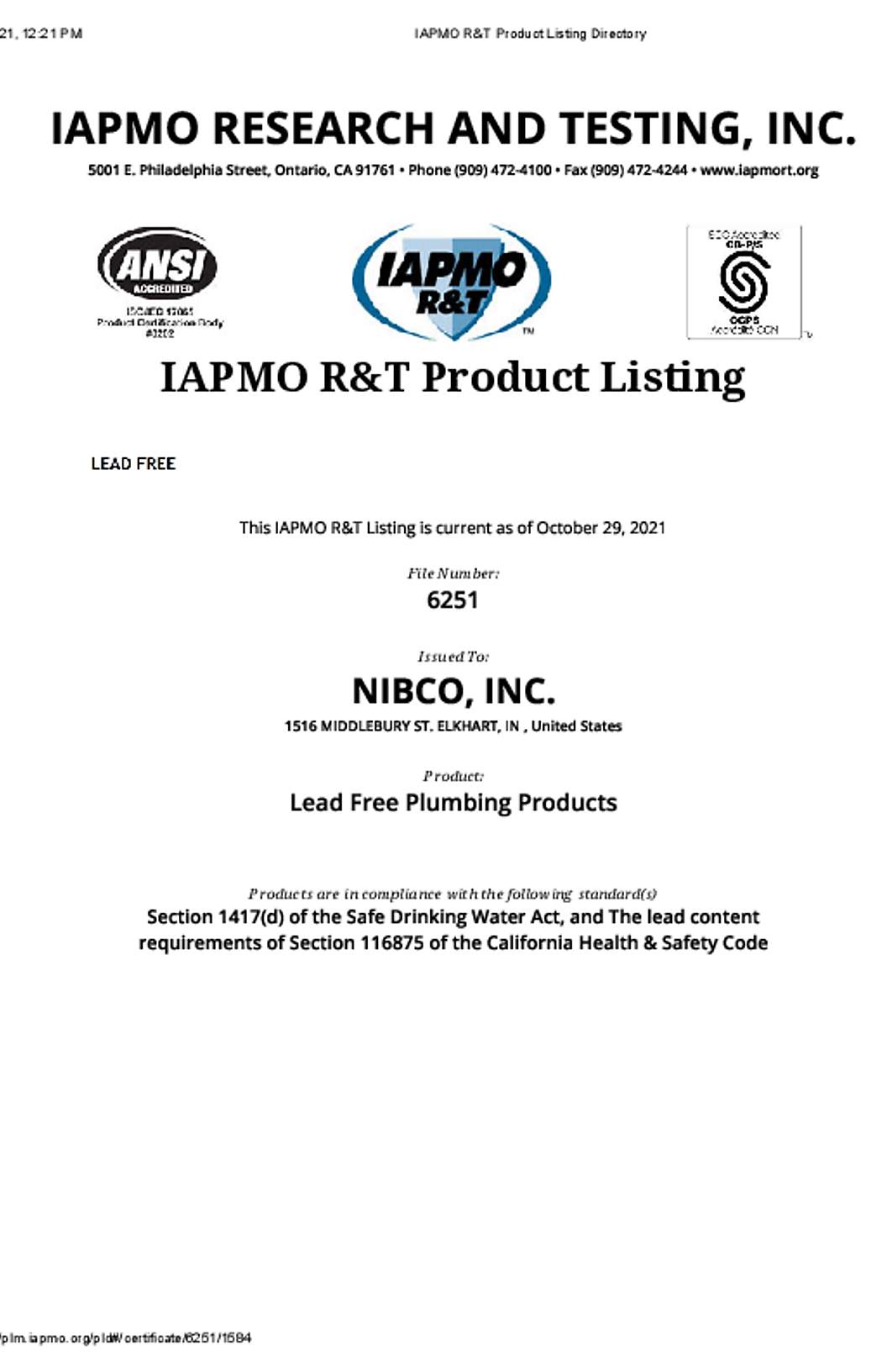 NIBCO IAPMO File 6251