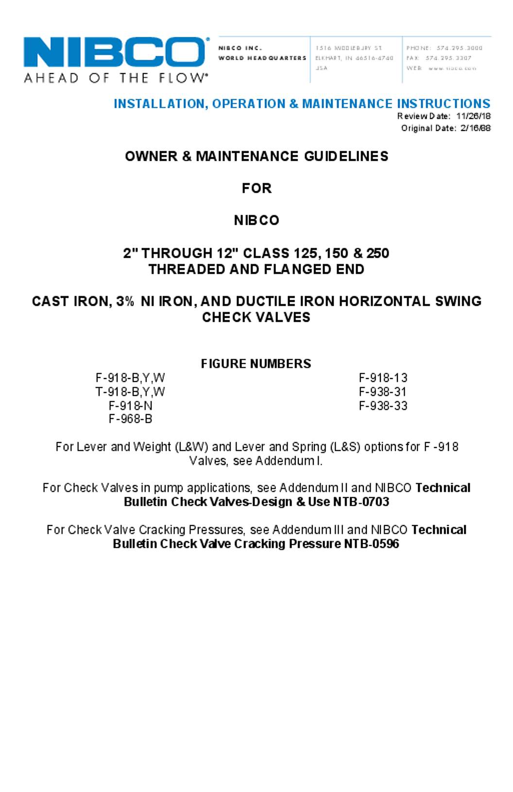 NIBCO IBBM Swing Check Valves Operation Manual