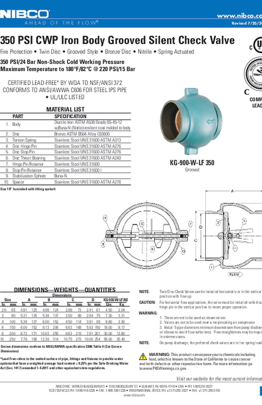 NIBCO KG-900-W-LF 350 PSI CWP Iron Body Grooved Silent Check Valve Submittal