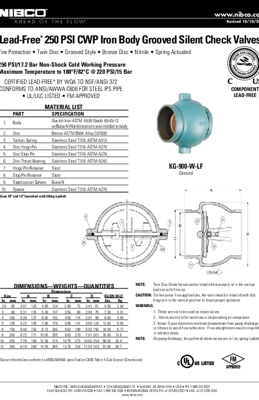 NIBCO KG-900-W-LF 250 PSI CWP Iron Body Grooved Silent Check Valve Submittal