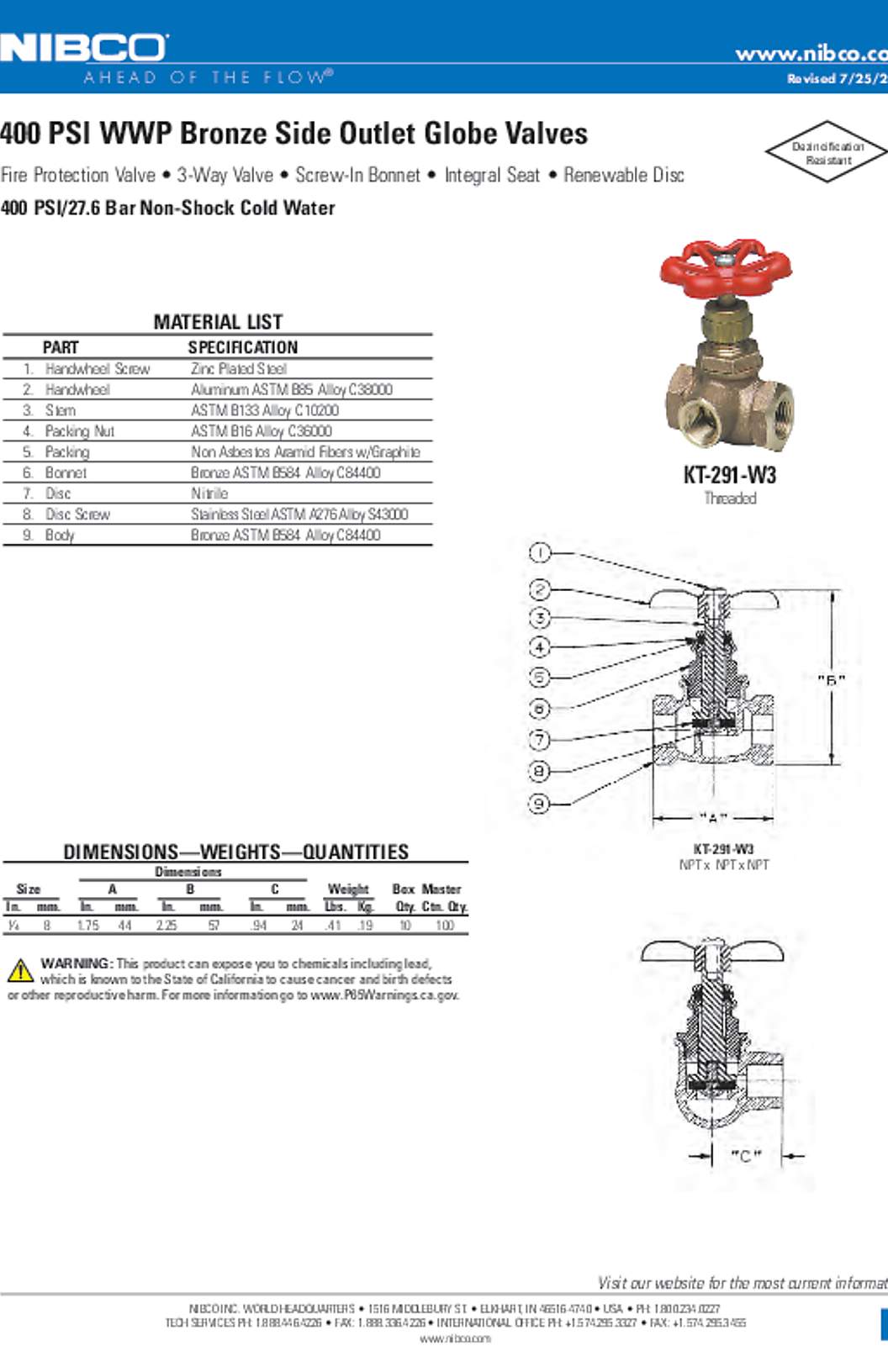 NIBCO KT-291-W3 400 PSI WWP Bronze Side Outlet Globe Valves Submittal