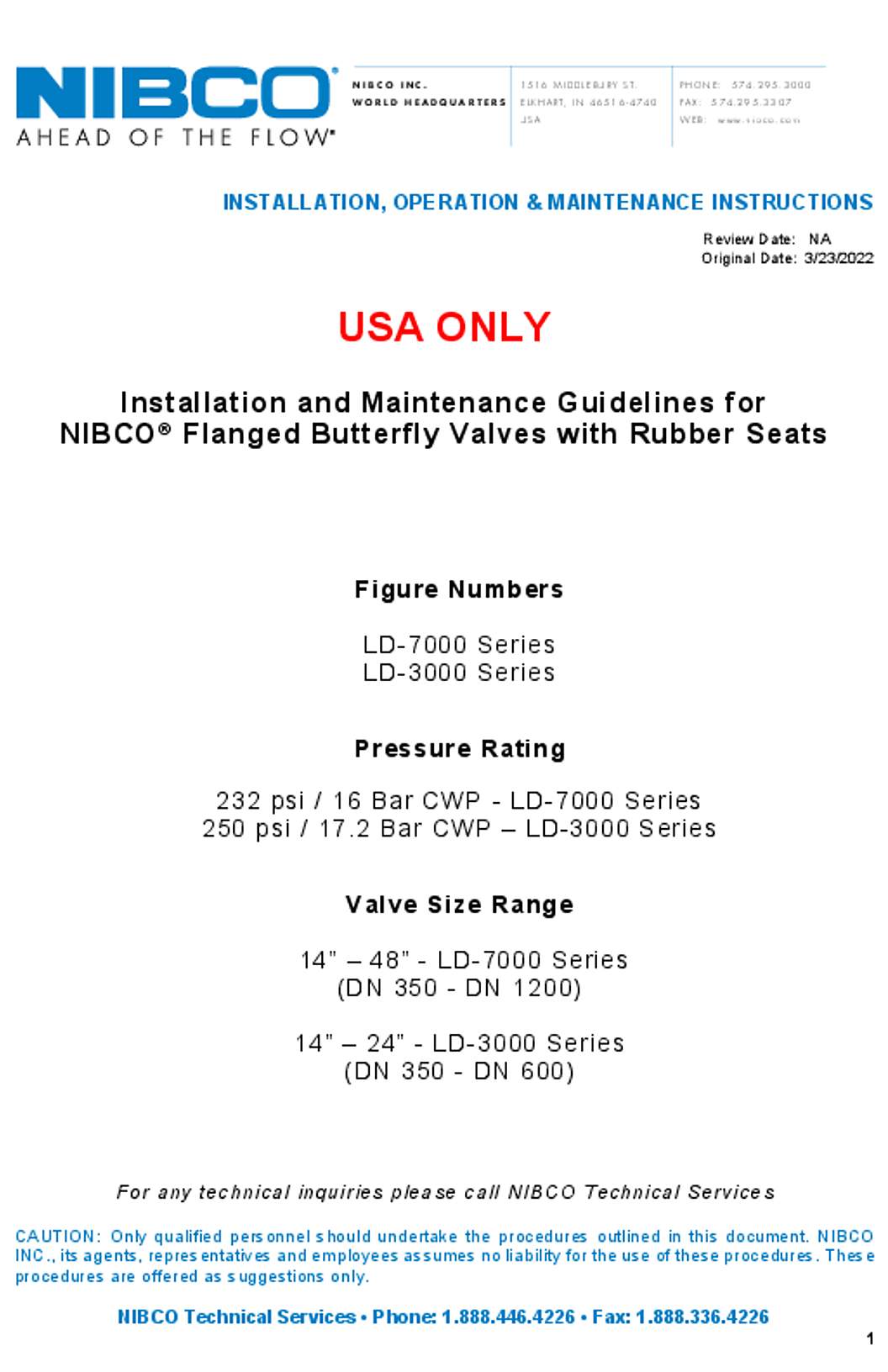 NIBCO LD-3000 & LD-7000 Series (14"-48" USA ONLY) Flanged Butterfly Valves with Rubber Seats IOM Manual