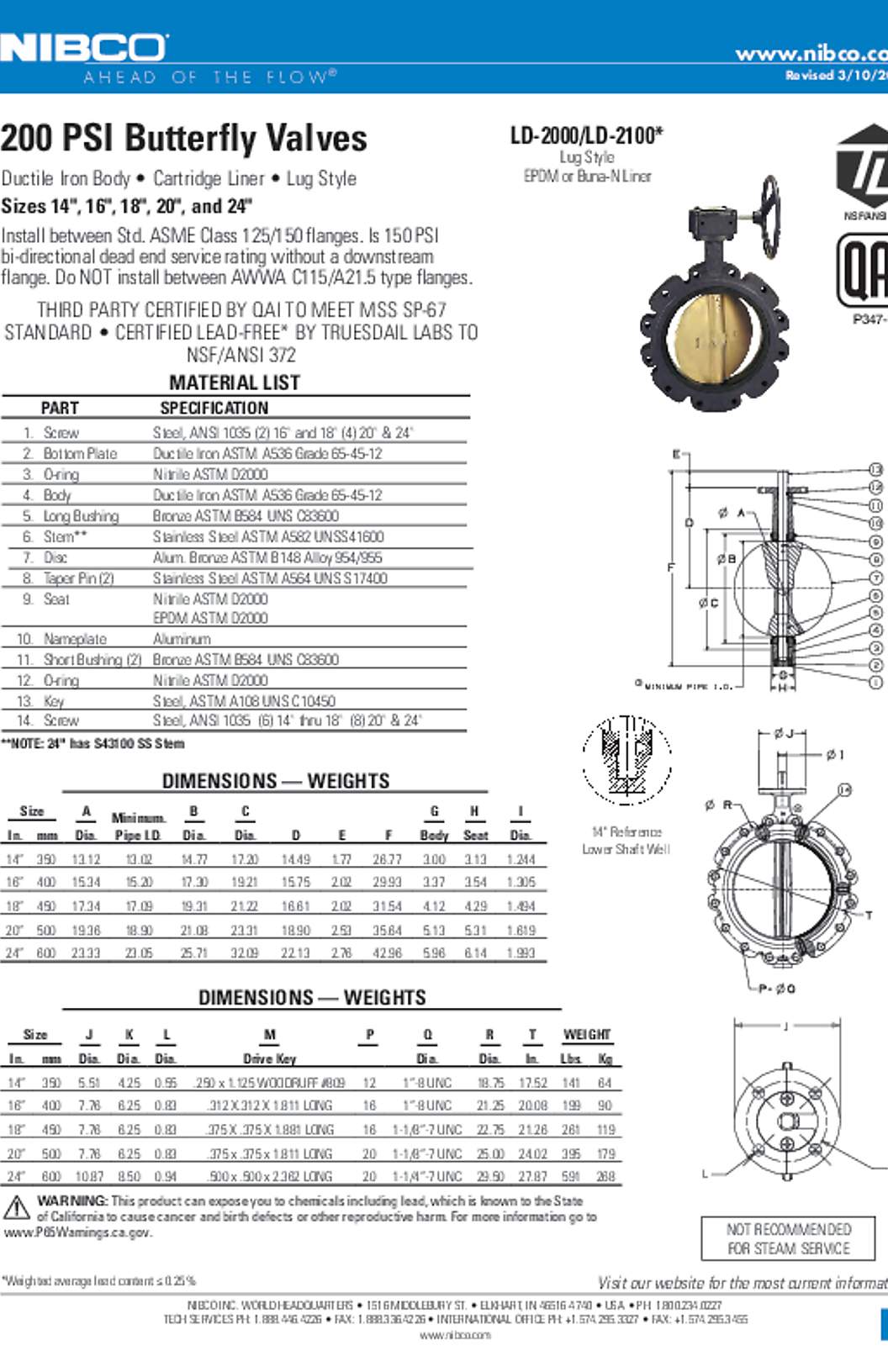 NIBCO LD-2000/LD-2100 200 PSI Butterfly Valves Submittal