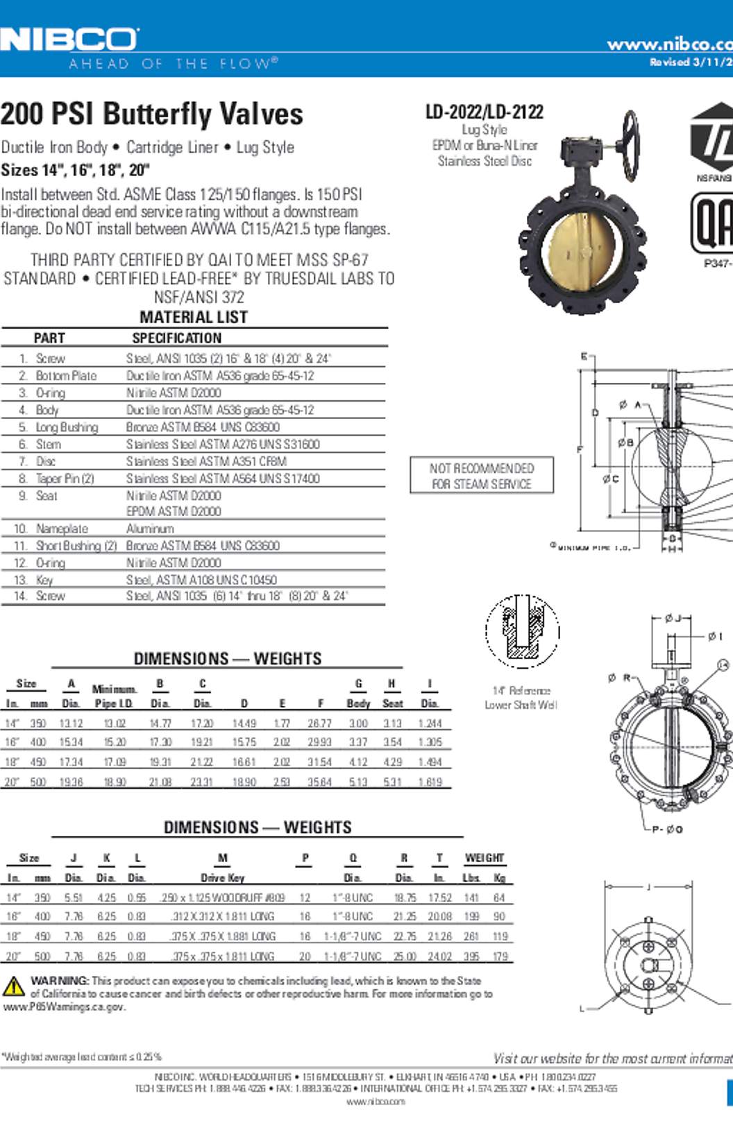 NIBCO LD-2022/LD-2122 200 PSI Butterfly Valves Submittal