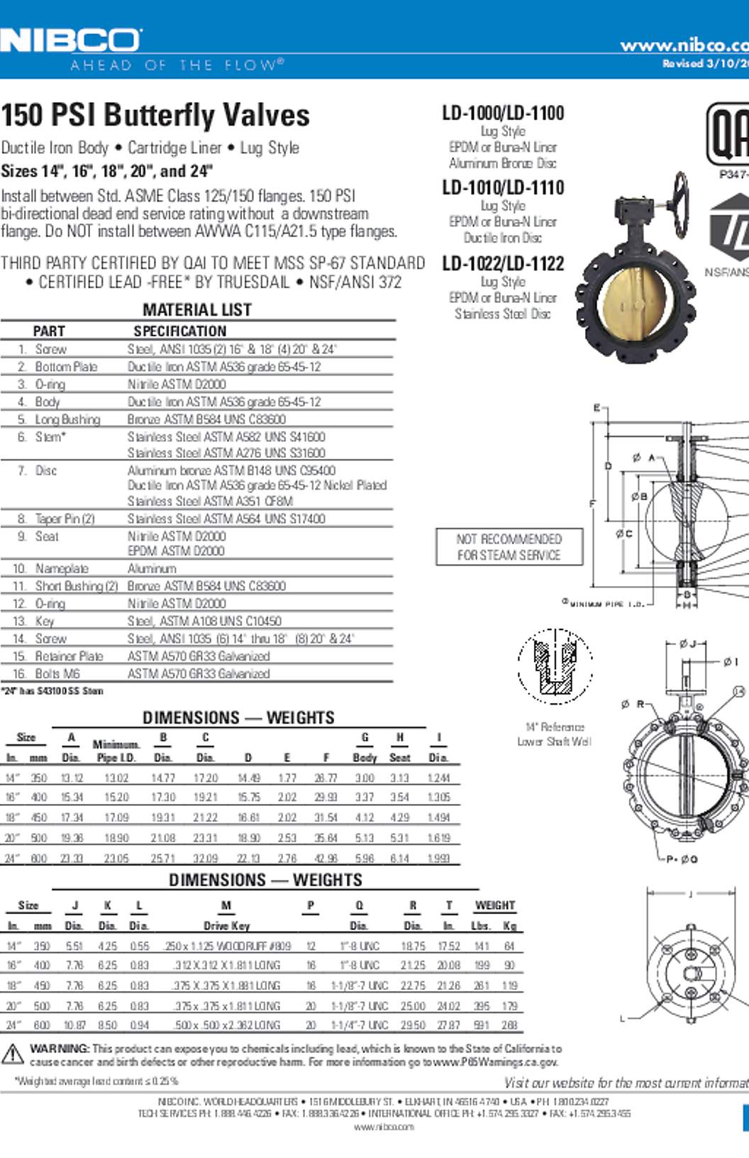 NIBCO LD-1000/LD-1100, LD-1010/LD-1110, LD-1022/LD-1112 150 PSI Butterfly Valves Submittal