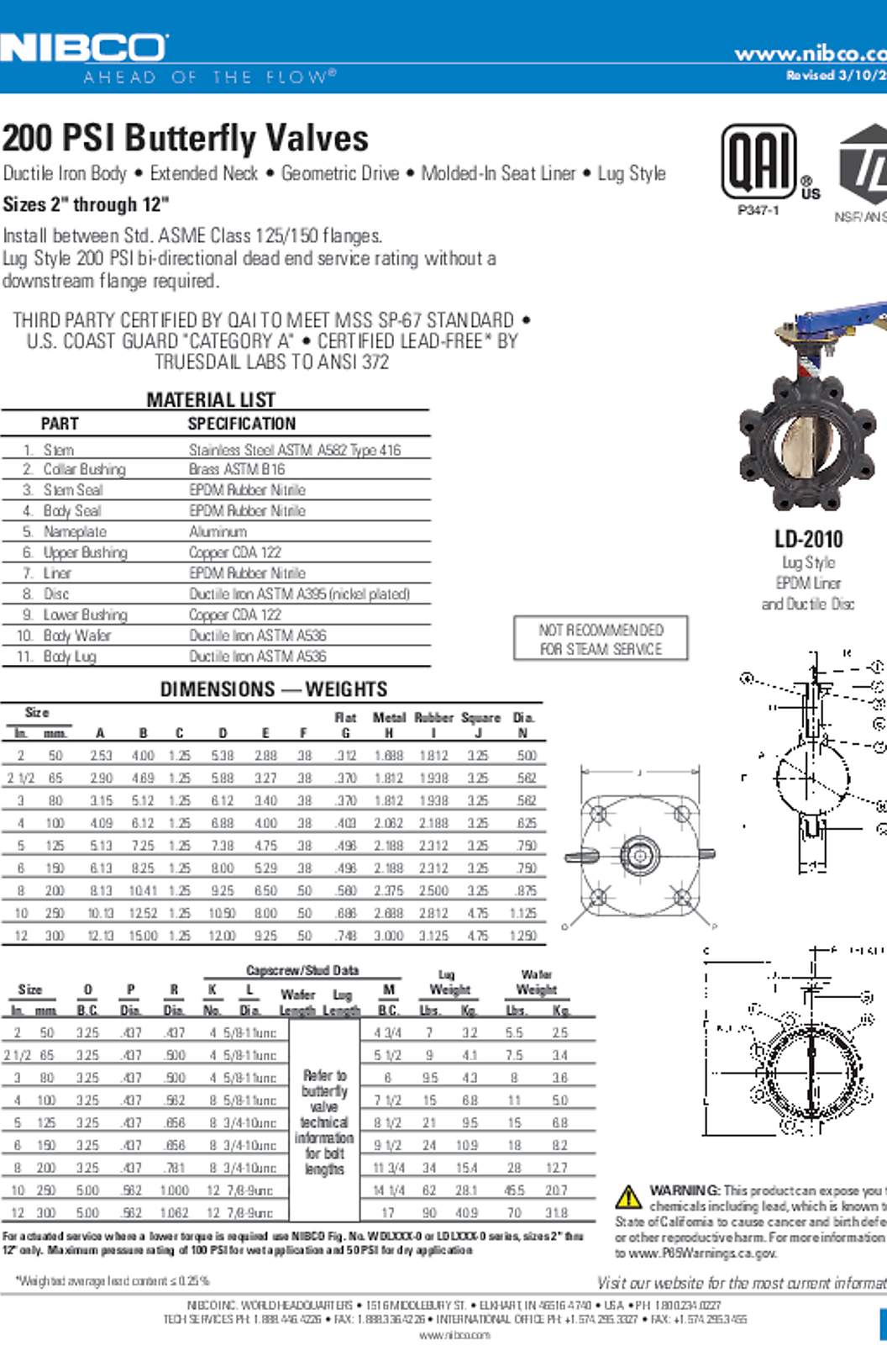 NIBCO LD-2010 200 PSI Butterfly Valves Submittal