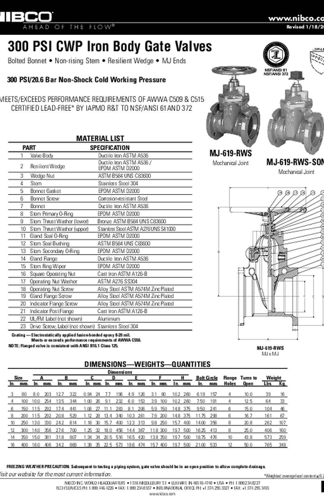 NIBCO MJ-619-RWS & MJ-61-RWS-SON 300 PSI CWP Iron Body Gate Valves Submittal