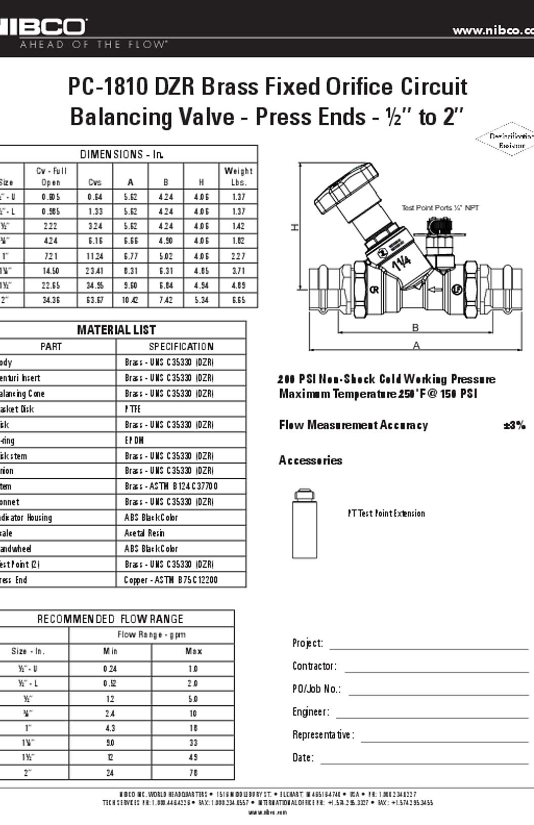 NIBCO PC-1810 DZR Brass Fixed Orifice Circuit Balancing Valve Submittal